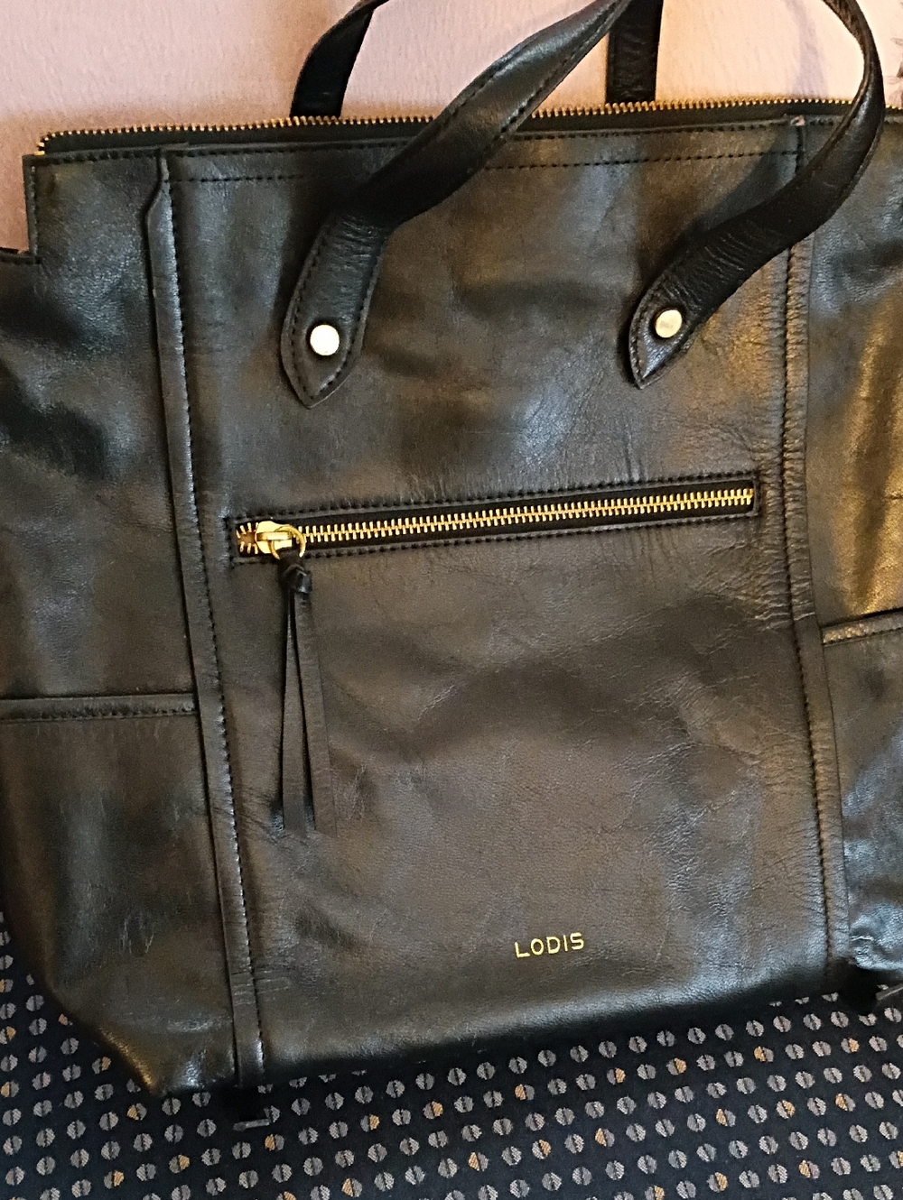 Lodis Black Leather Tote with Front Zip and Top Handles